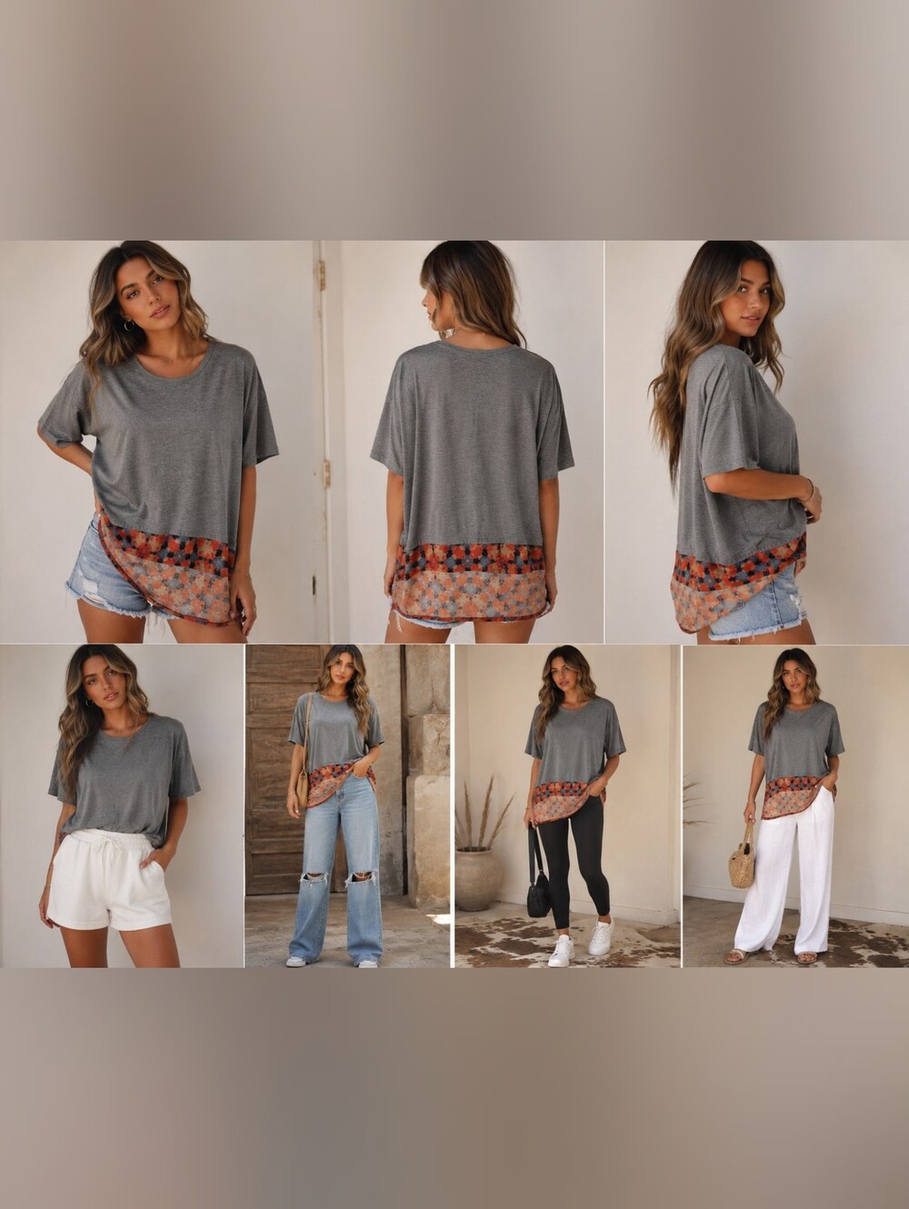 LuLaRoe Gray Short Sleeve Top with Orange Floral Hem